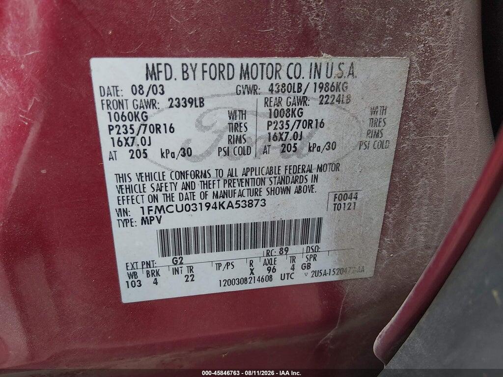 1FMCU03194KA53873 2004 FORD ESCAPE photo no. 9