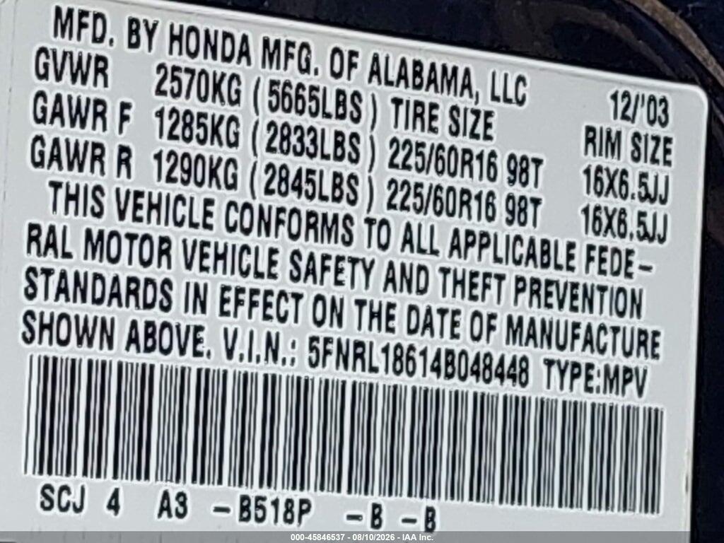 5FNRL18614B048448 2004 HONDA ODYSSEY photo no. 9