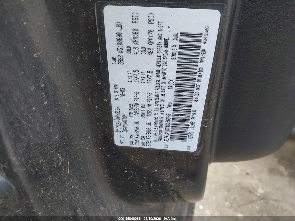 3D7KU28D74G156978 2004 DODGE RAM 2500 photo no. 9