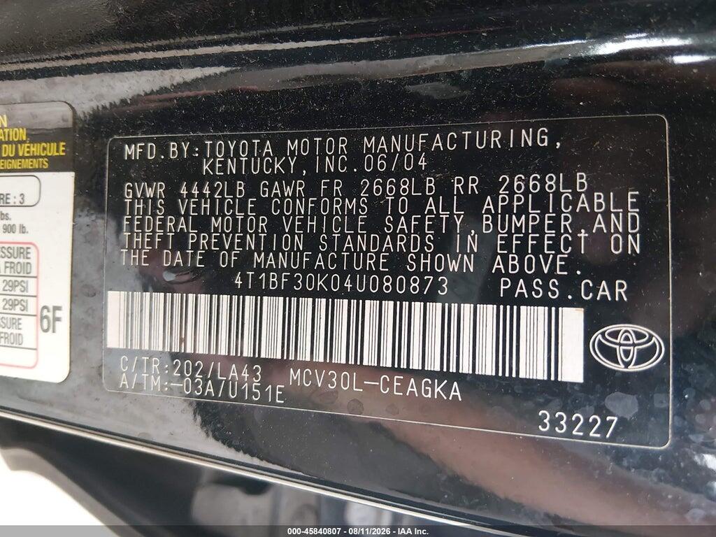 4T1BF30K04U080873 2004 TOYOTA CAMRY photo no. 9