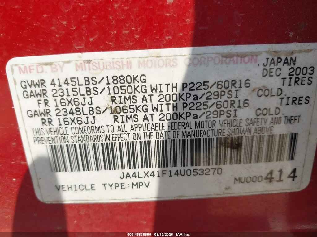 JA4LX41F14U053270 2004 MITSUBISHI OUTLANDER photo no. 9