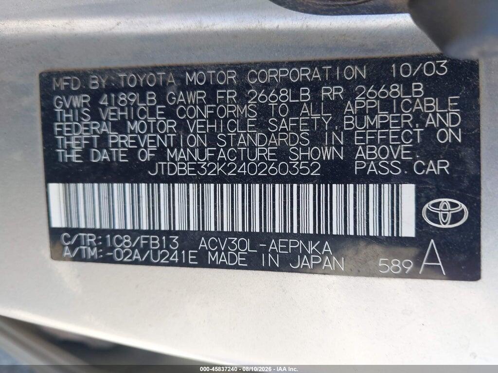 JTDBE32K240260352 2004 TOYOTA CAMRY photo no. 9