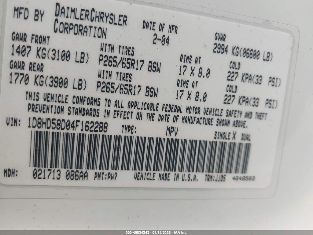1D8HD58D04F162288 2004 DODGE DURANGO photo no. 8