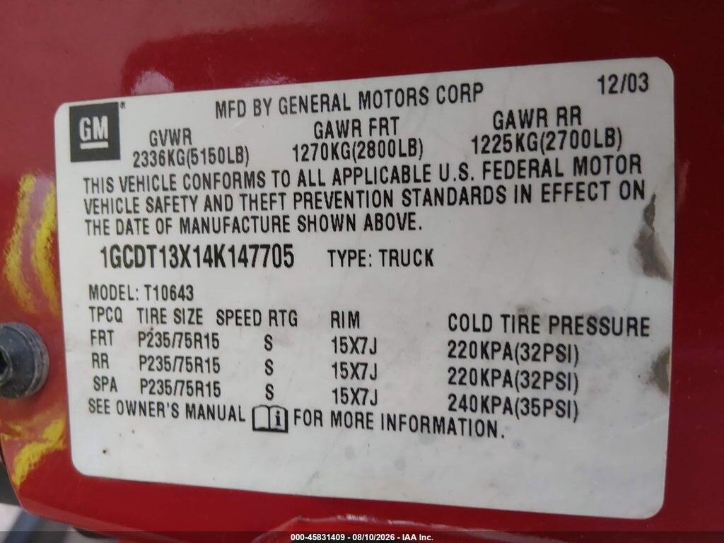 1GCDT13X14K147705 2004 CHEVROLET S-10 photo no. 9