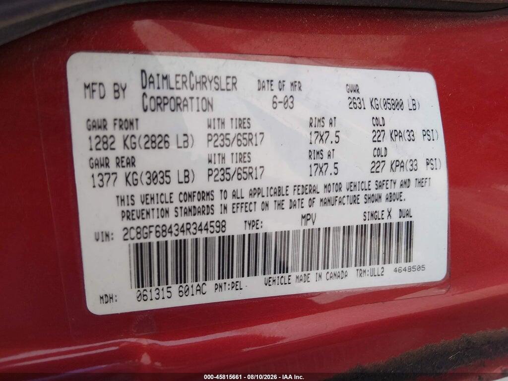 2C8GF68434R344598 2004 CHRYSLER PACIFICA photo no. 9