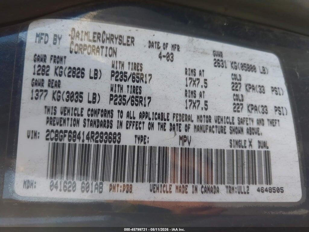 2C8GF68414R293683 2004 CHRYSLER PACIFICA photo no. 9