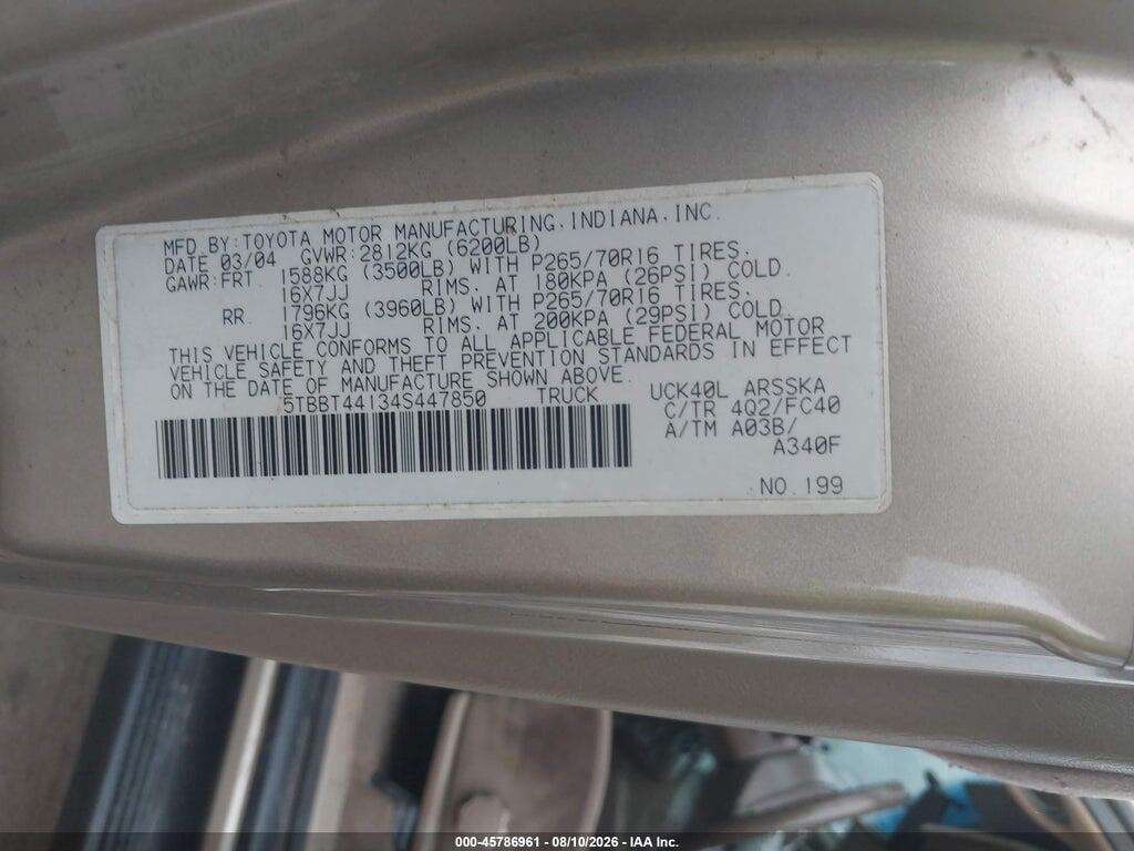 5TBBT44134S447850 2004 TOYOTA TUNDRA photo no. 9