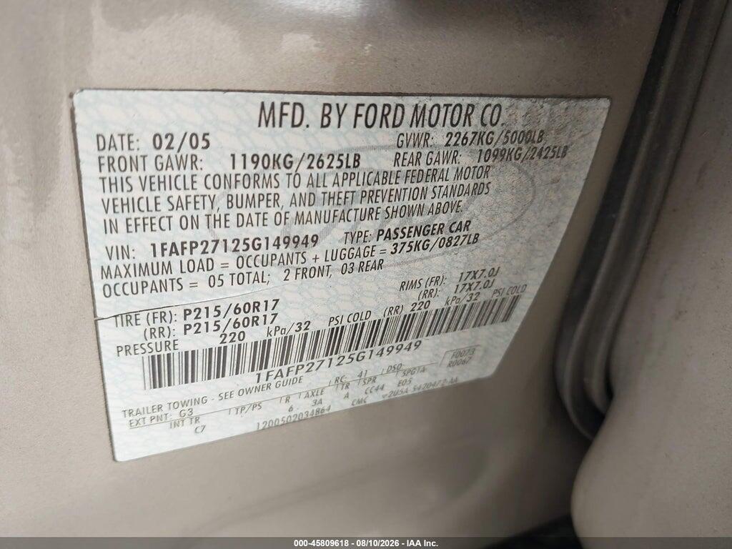 1FAFP27125G149949 2005 FORD FIVE HUNDRED photo no. 9