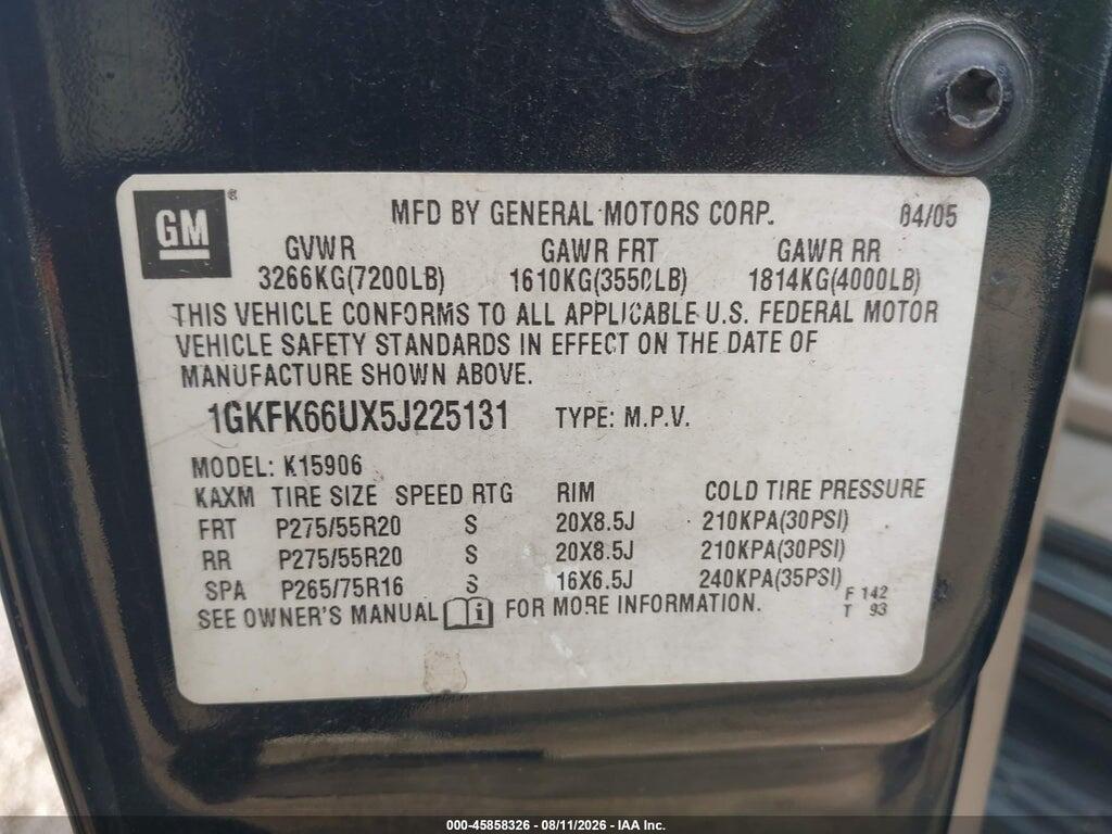 1GKFK66UX5J225131 2005 GMC YUKON XL 1500 photo no. 9