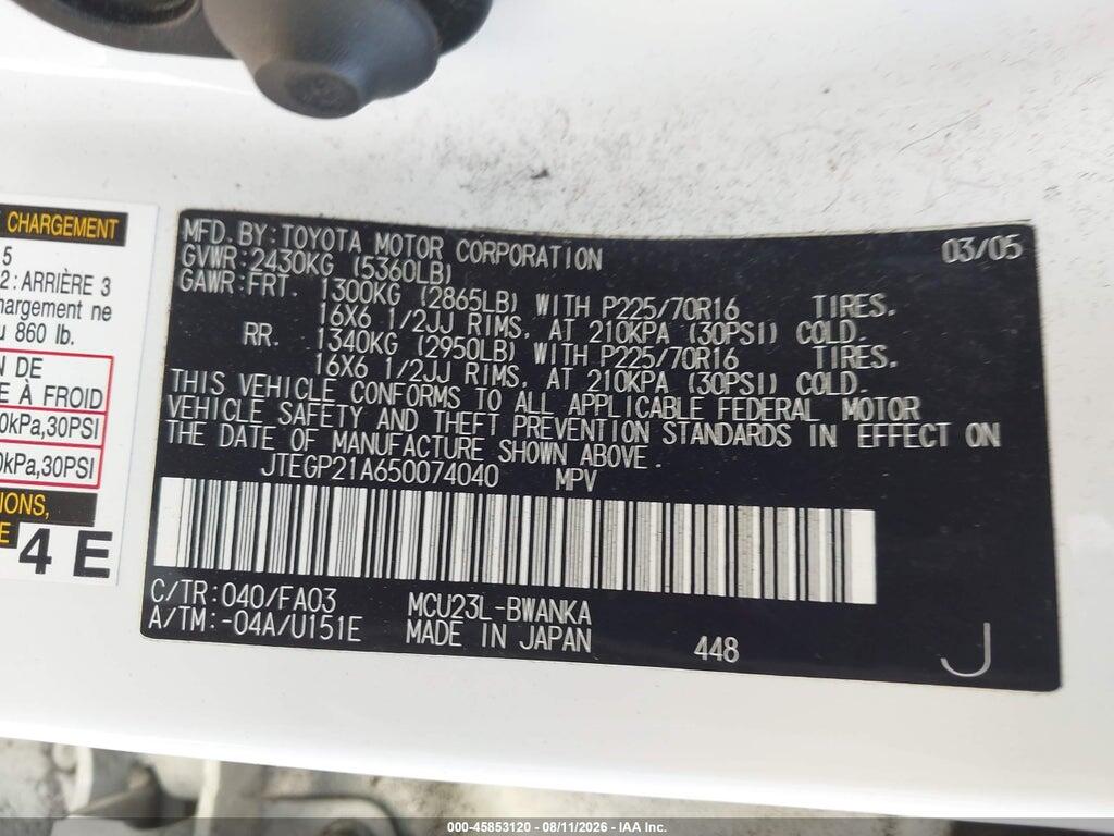 JTEGP21A650074040 2005 TOYOTA HIGHLANDER photo no. 9