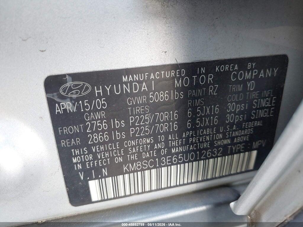 KM8SC13E65U012632 2005 HYUNDAI SANTA FE photo no. 9