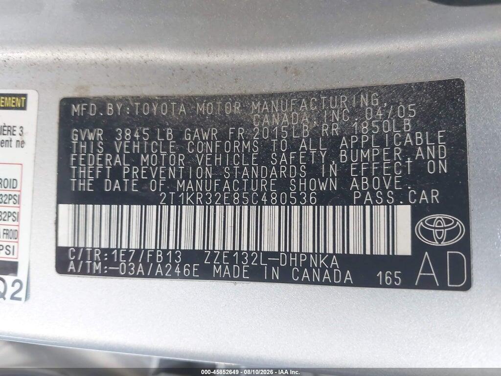 2T1KR32E85C480536 2005 TOYOTA MATRIX photo no. 9
