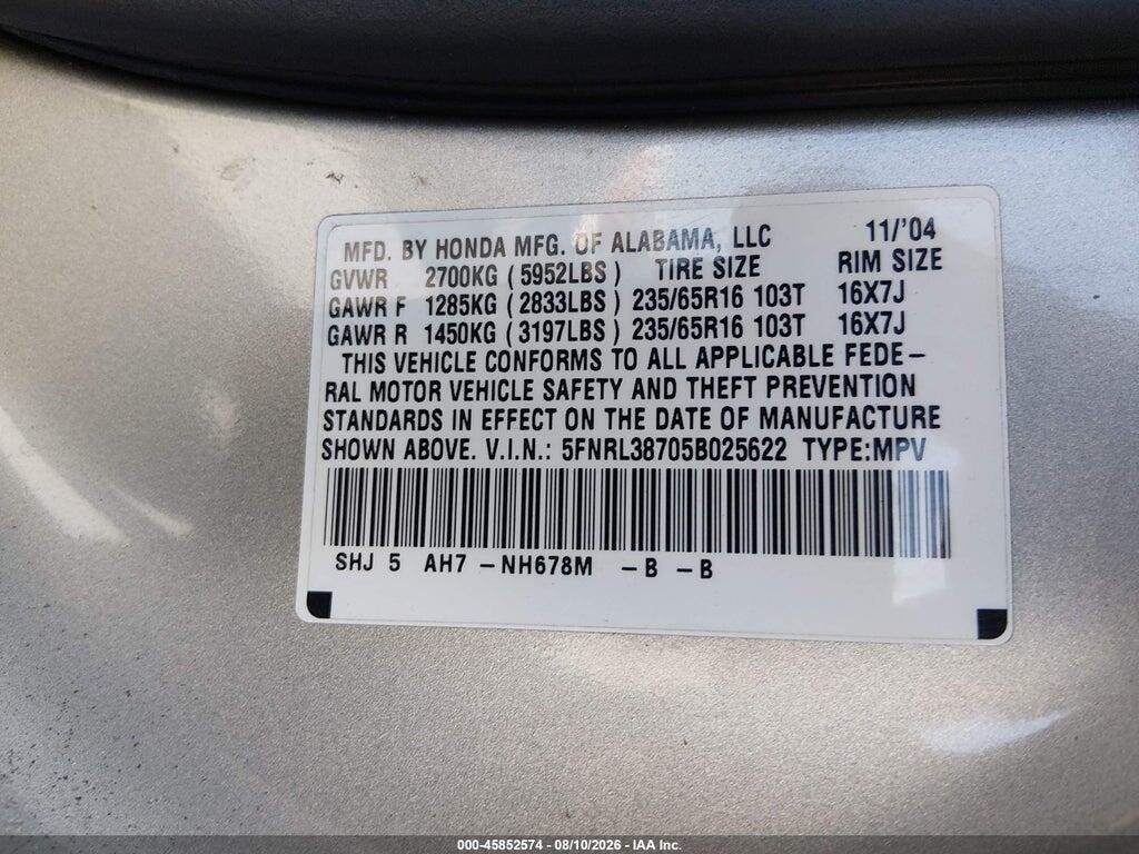 5FNRL38705B025622 2005 HONDA ODYSSEY photo no. 9
