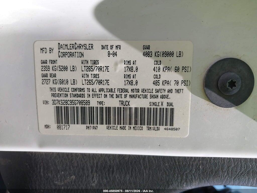 3D7KS28C95G708589 2005 DODGE RAM 2500 photo no. 9