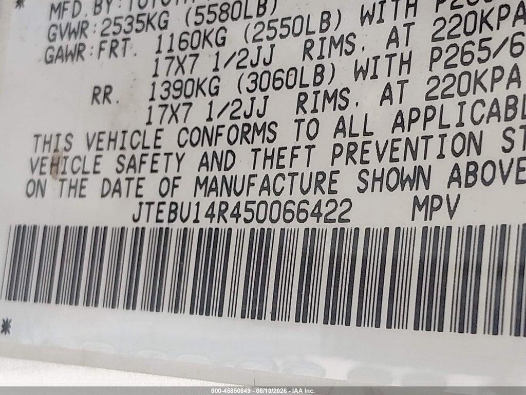 JTEBU14R450066422 2005 TOYOTA 4RUNNER photo no. 9