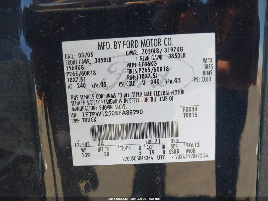 1FTPW12505FA88290 2005 FORD F-150 photo no. 9