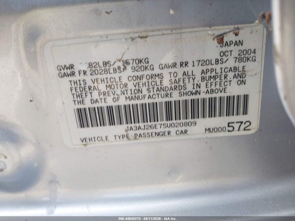 JA3AJ26E75U020809 2005 MITSUBISHI LANCER photo no. 9