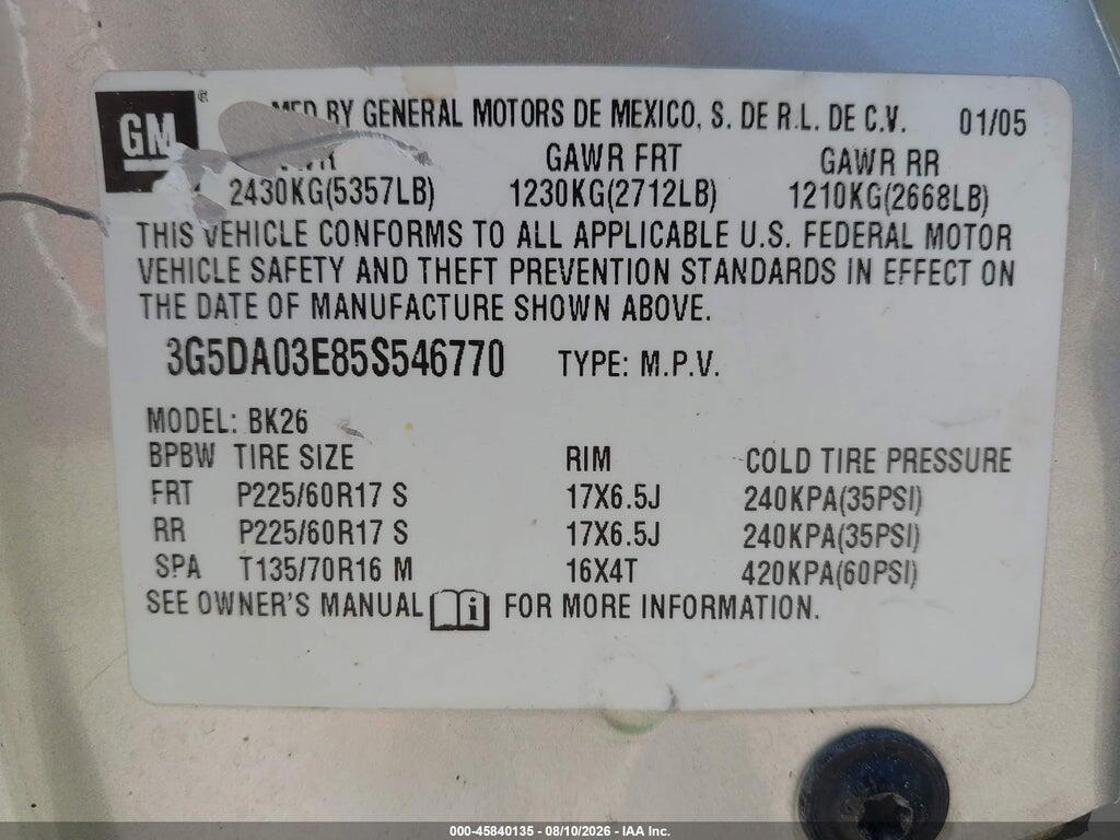 3G5DA03E85S546770 2005 BUICK RENDEZVOUS photo no. 9