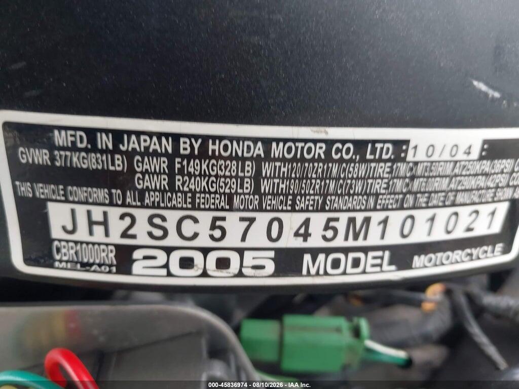 JH2SC57045M101021 2005 HONDA CBR1000 photo no. 10