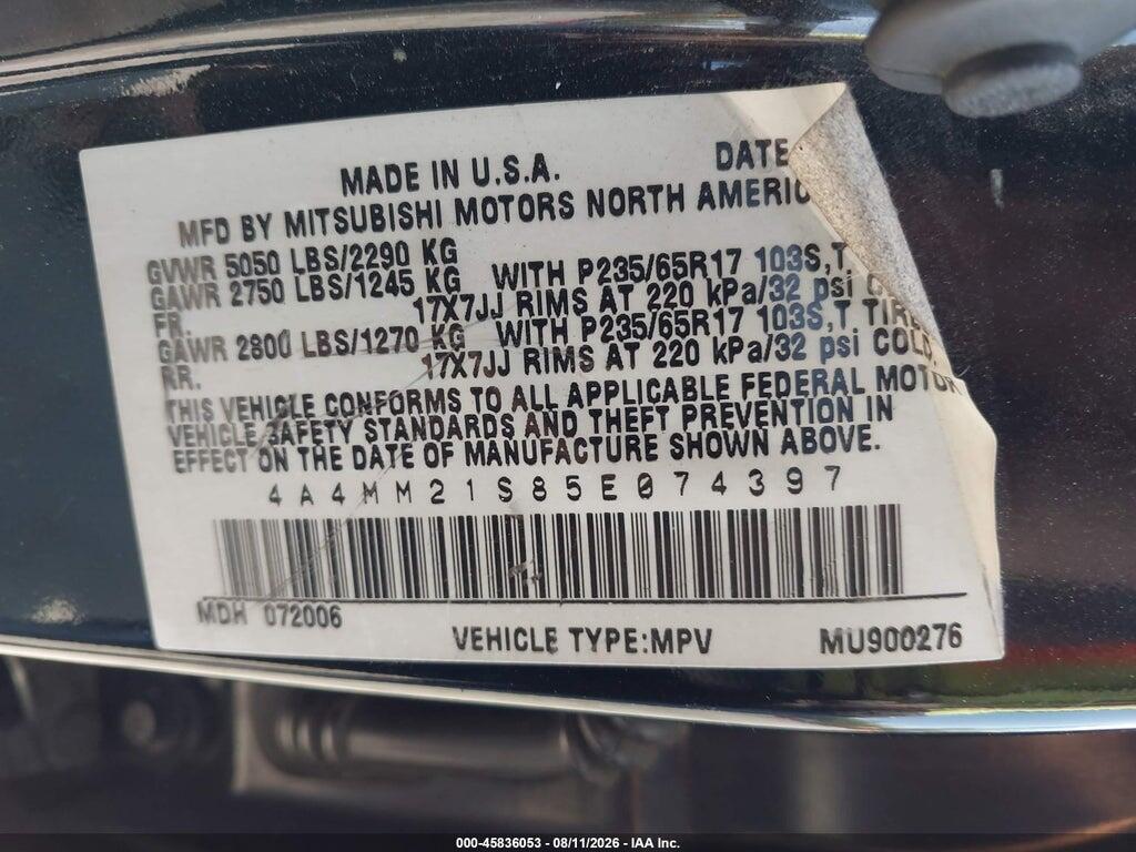 4A4MM21S85E074397 2005 MITSUBISHI ENDEAVOR photo no. 9