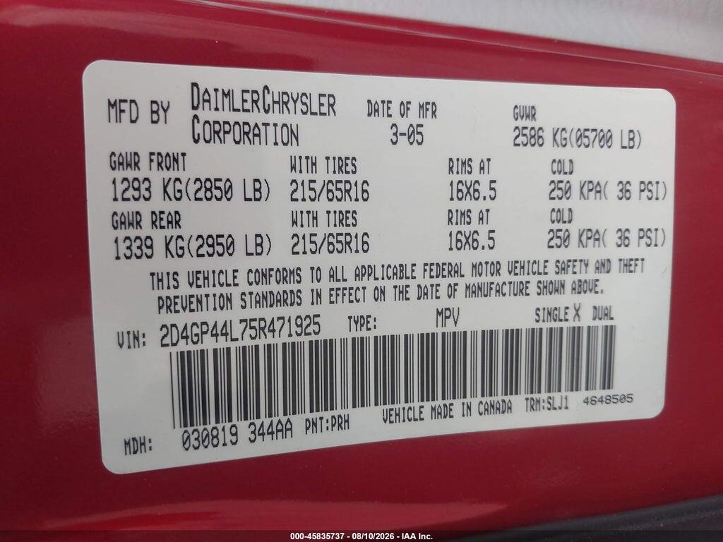 2D4GP44L75R471925 2005 DODGE GRAND CARAVAN photo no. 9