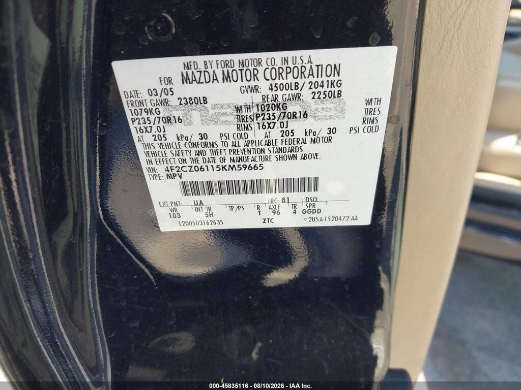 4F2CZ06115KM59665 2005 MAZDA TRIBUTE photo no. 9
