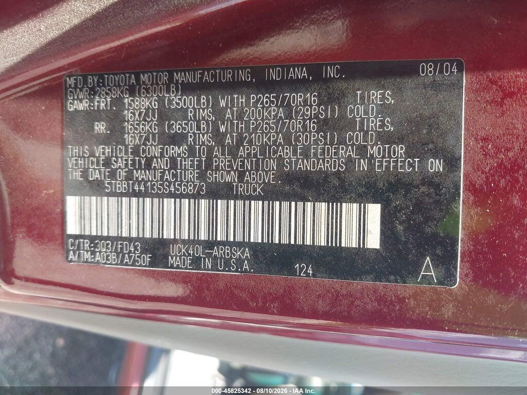 5TBBT44135S456873 2005 TOYOTA TUNDRA photo no. 9