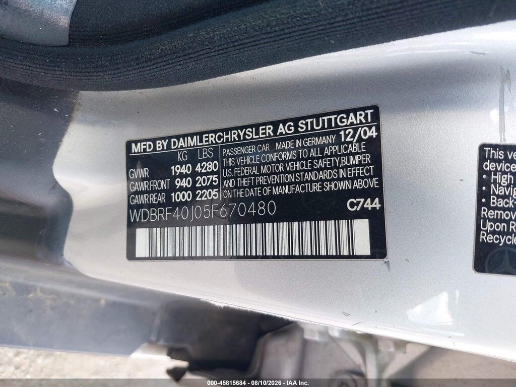 WDBRF40J05F670480 2005 MERCEDES-BENZ C 230 photo no. 9
