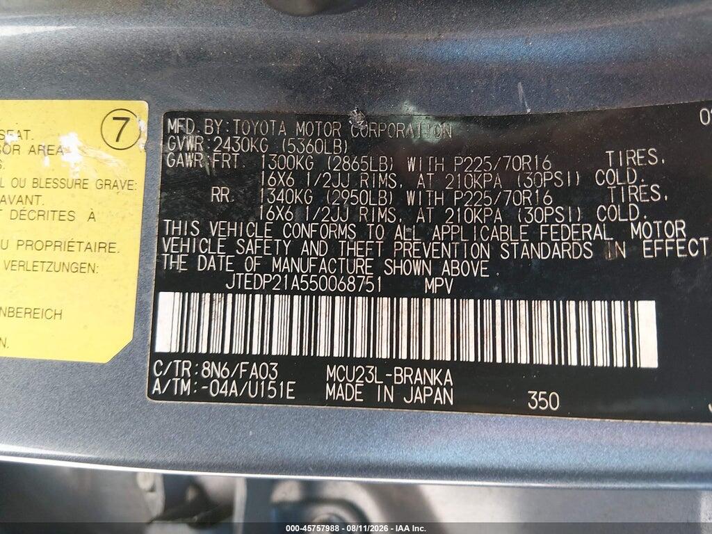 JTEDP21A550068751 2005 TOYOTA HIGHLANDER photo no. 9