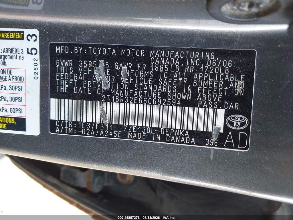 2T1BR32E66C692594 2006 TOYOTA COROLLA photo no. 9