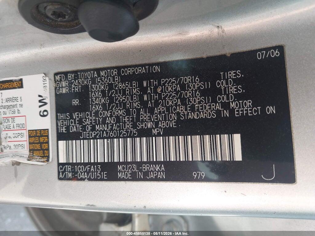 JTEDP21A760125775 2006 TOYOTA HIGHLANDER photo no. 9