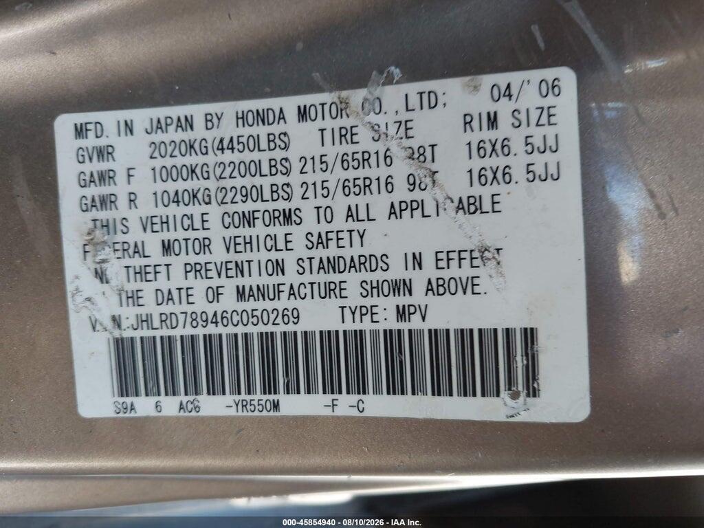 JHLRD78946C050269 2006 HONDA CR-V photo no. 9
