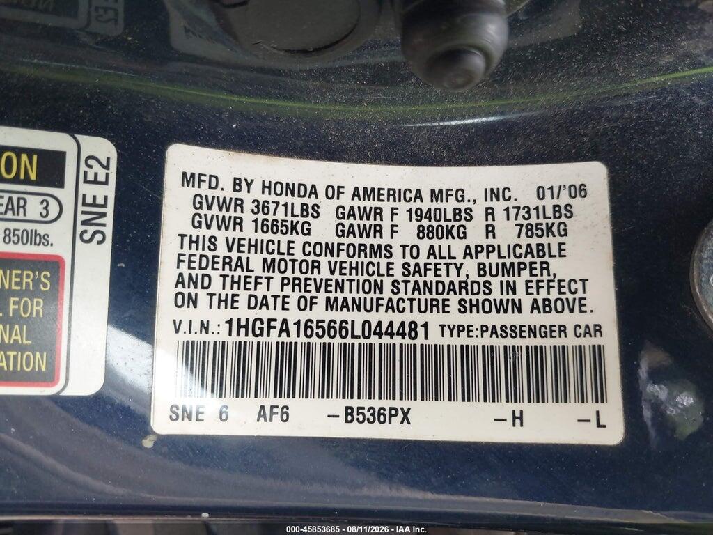 1HGFA16566L044481 2006 HONDA CIVIC photo no. 9