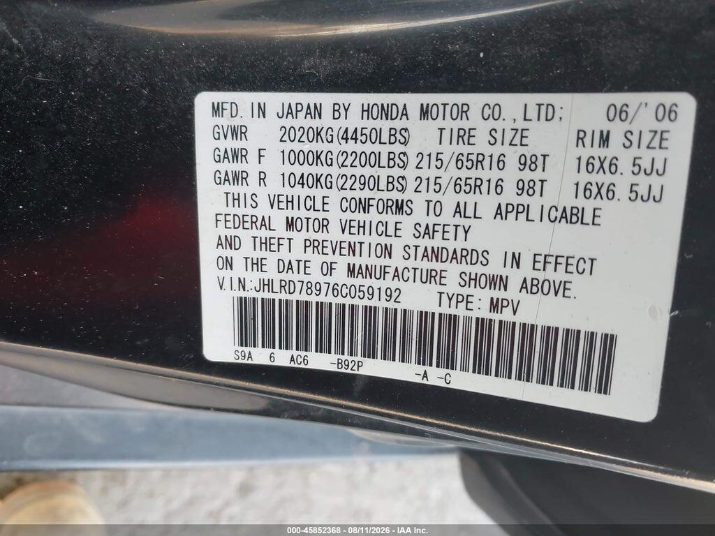 JHLRD78976C059192 2006 HONDA CR-V photo no. 9