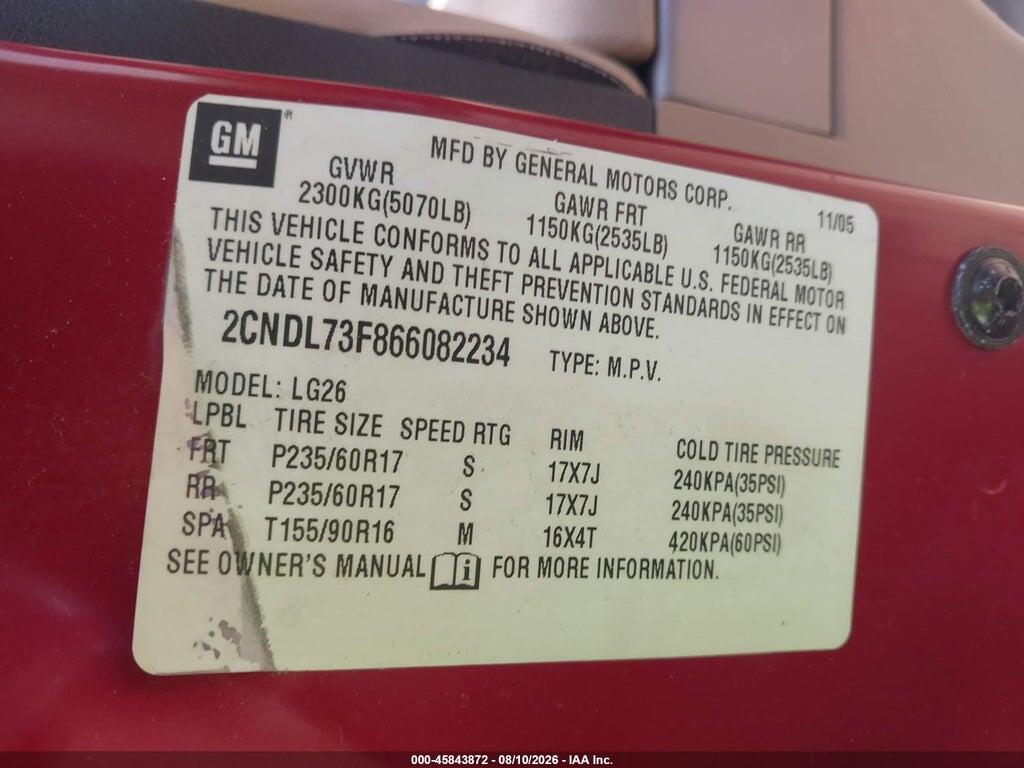 2CNDL73F866082234 2006 CHEVROLET EQUINOX photo no. 9
