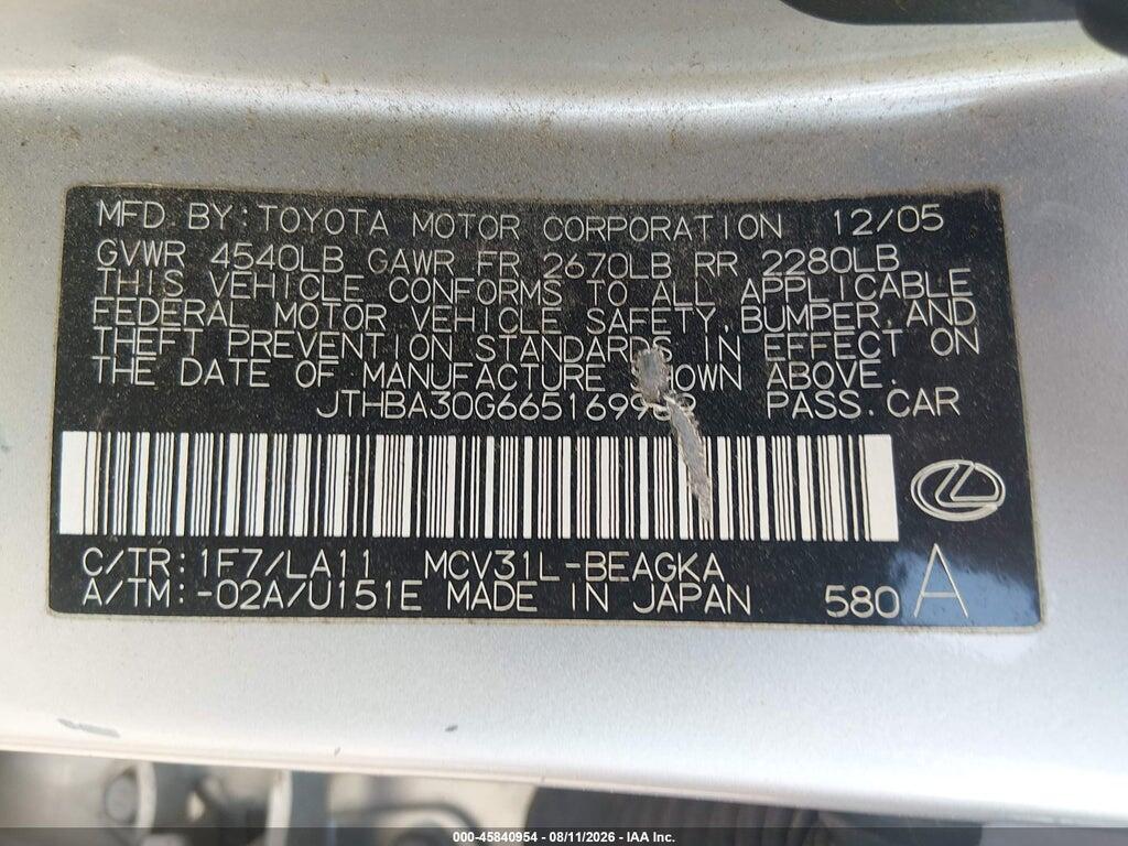JTHBA30G665169969 2006 LEXUS ES 330 photo no. 9