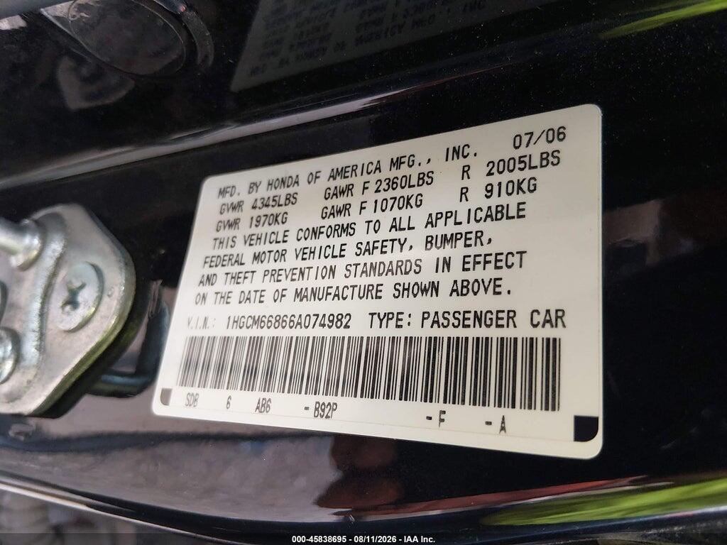 1HGCM66866A074982 2006 HONDA ACCORD photo no. 9