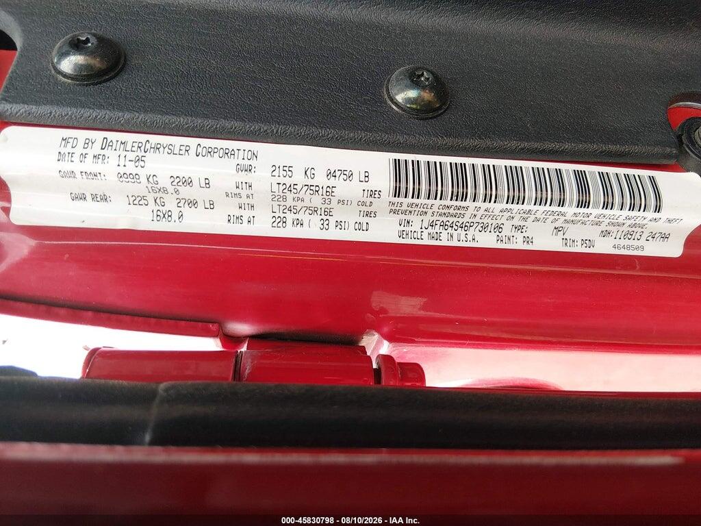 1J4FA64S46P730106 2006 JEEP WRANGLER photo no. 9