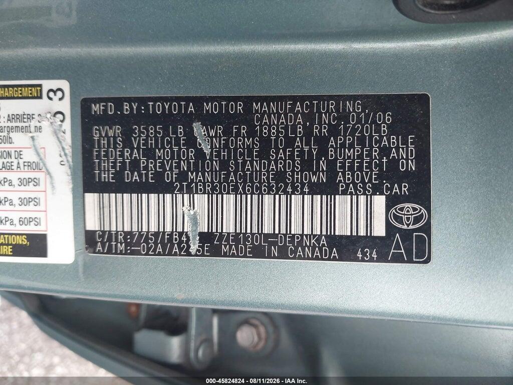 2T1BR30EX6C632434 2006 TOYOTA COROLLA photo no. 9