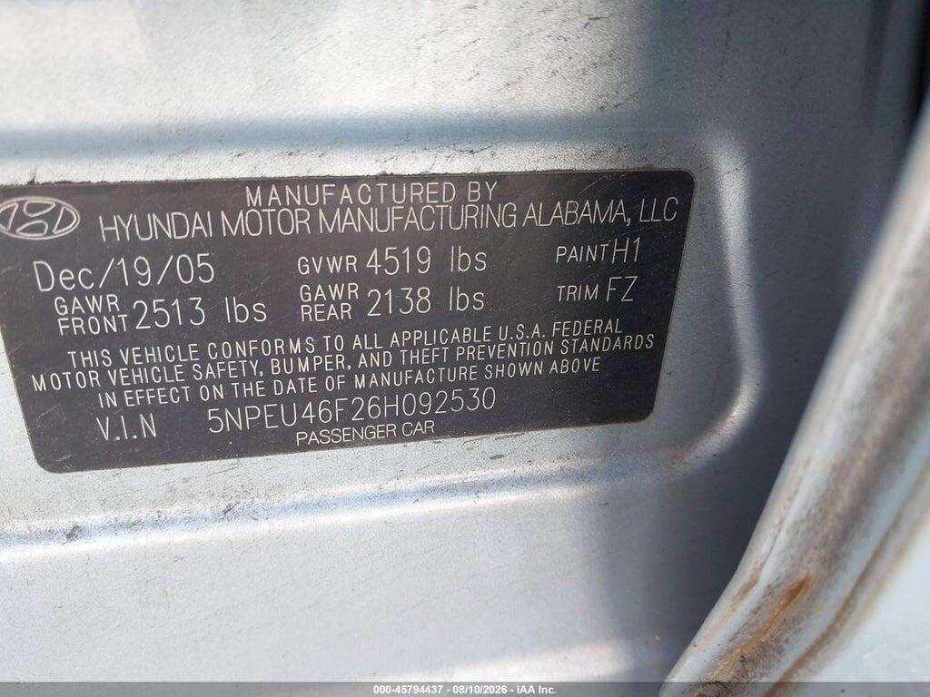 5NPEU46F26H092530 2006 HYUNDAI SONATA photo no. 9
