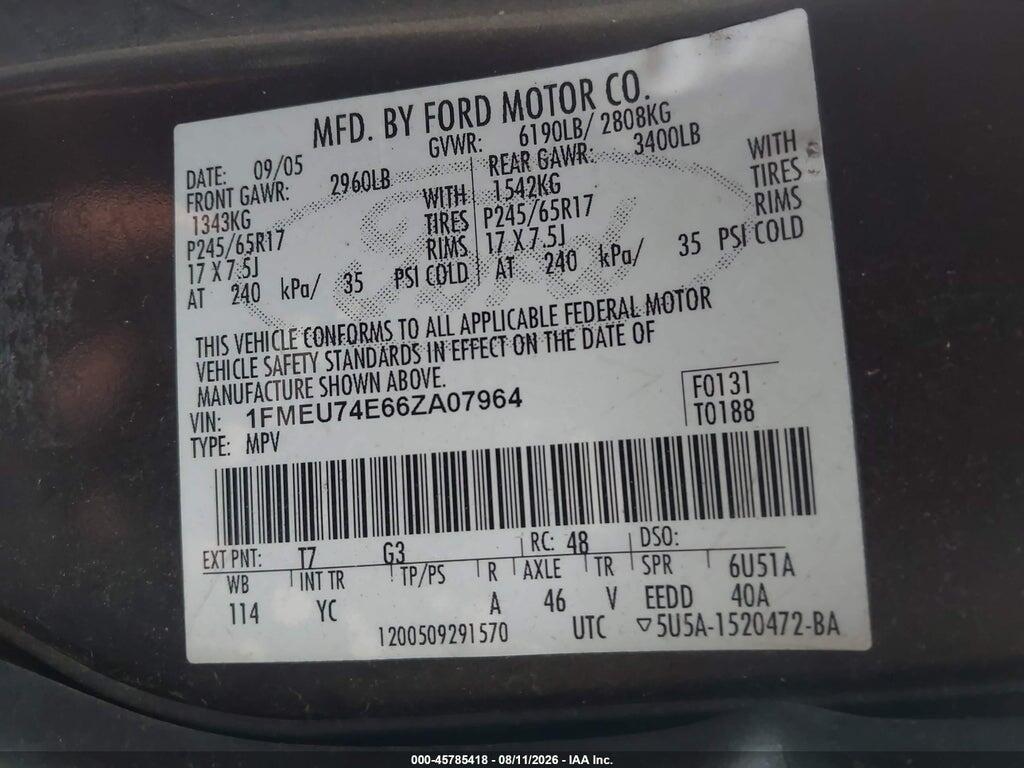 1FMEU74E66ZA07964 2006 FORD EXPLORER photo no. 9