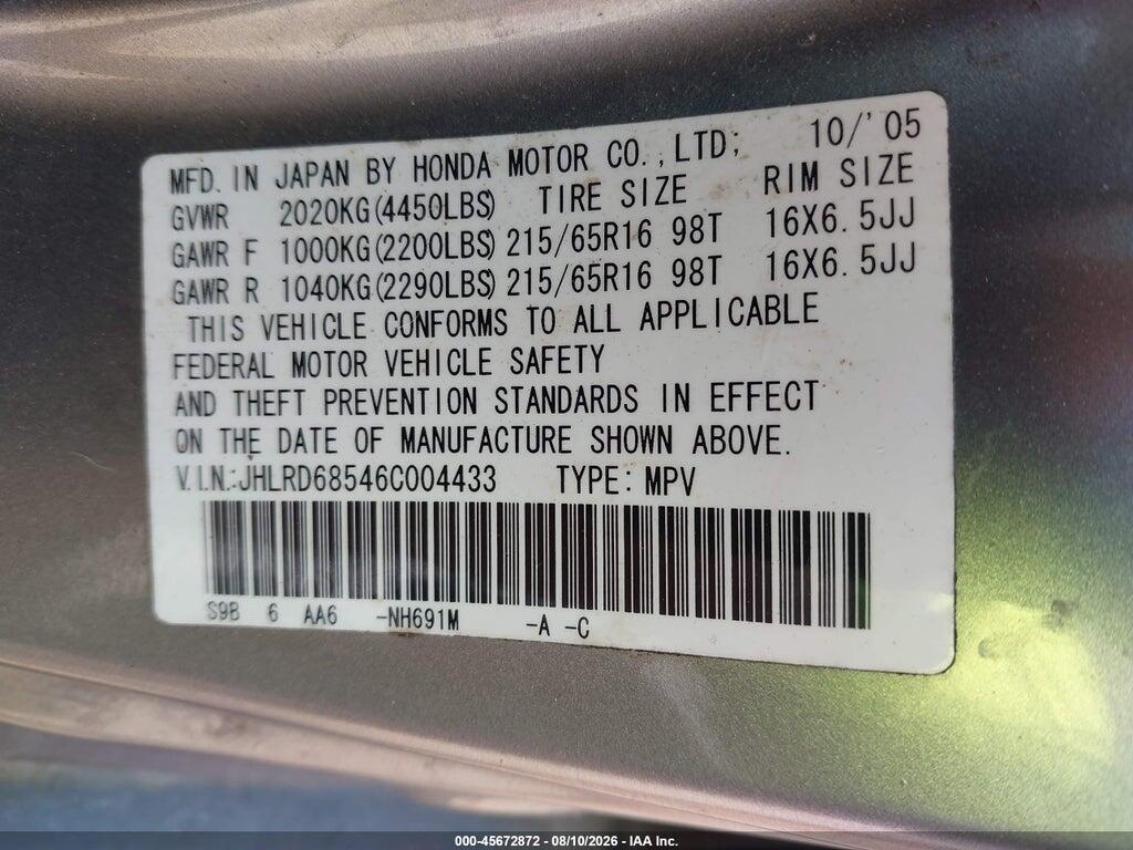 JHLRD68546C004433 2006 HONDA CR-V photo no. 9