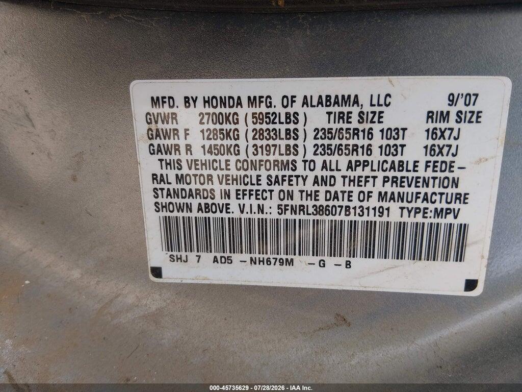 5FNRL38607B131191 2007 HONDA ODYSSEY photo no. 9