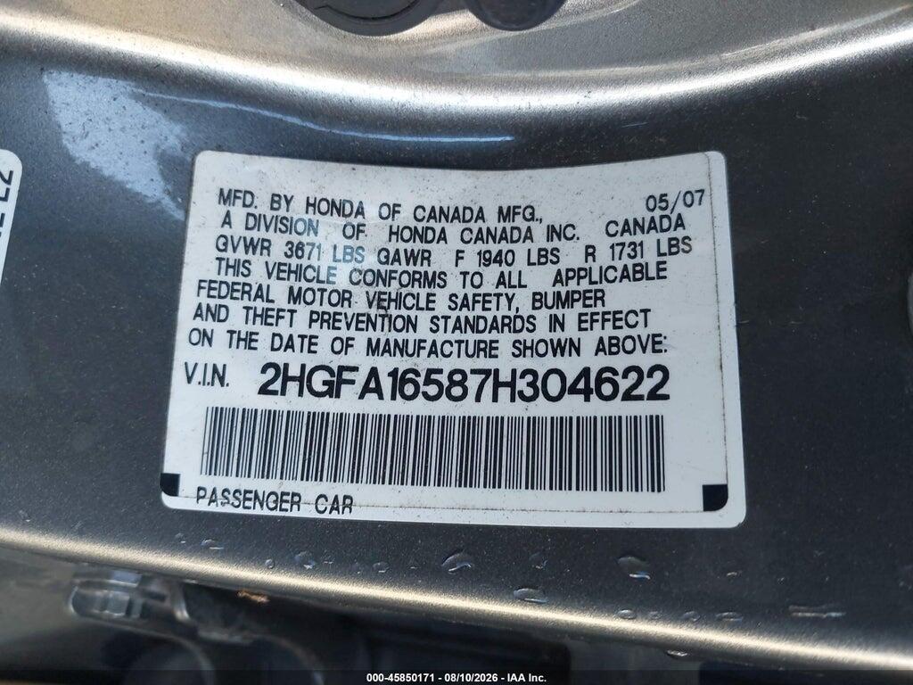 2HGFA16587H304622 2007 HONDA CIVIC photo no. 9
