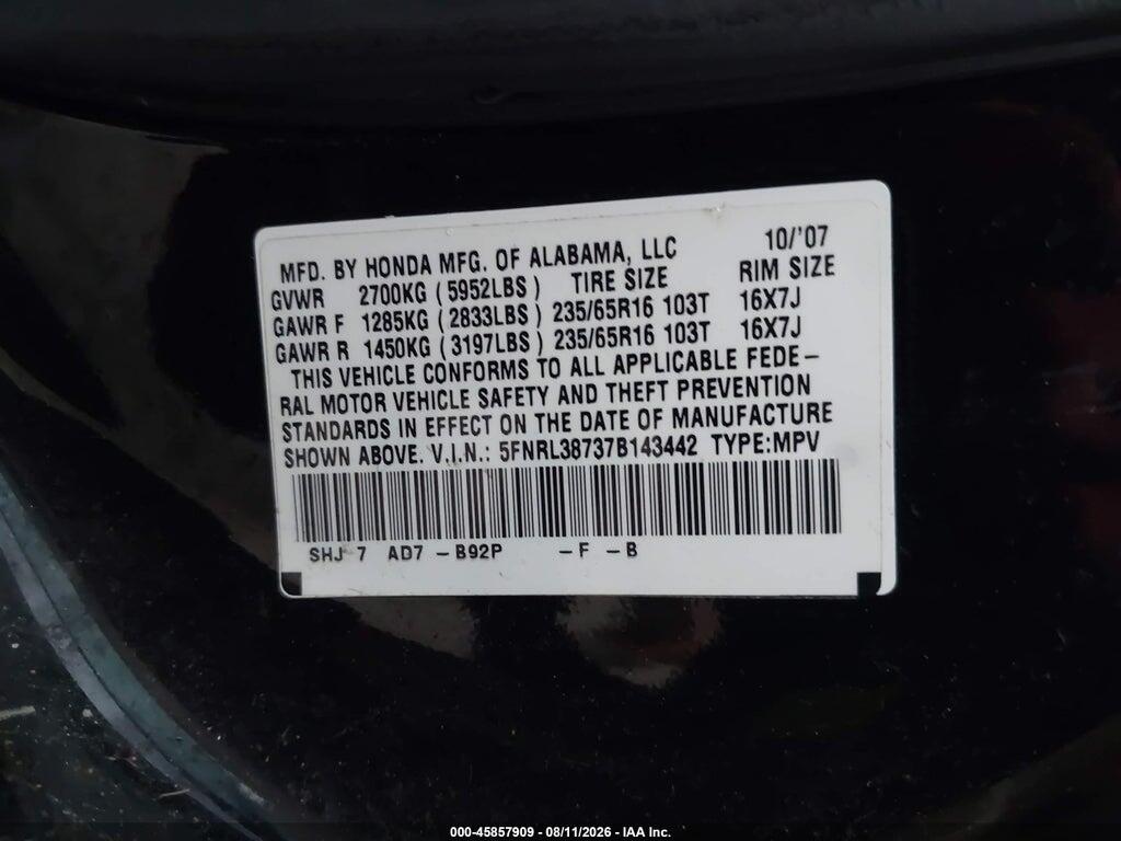 5FNRL38737B143442 2007 HONDA ODYSSEY photo no. 9