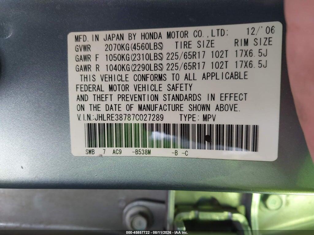 JHLRE38787C027289 2007 HONDA CR-V photo no. 9
