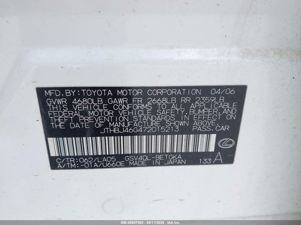 JTHBJ46G472015213 2007 LEXUS ES 350 photo no. 9