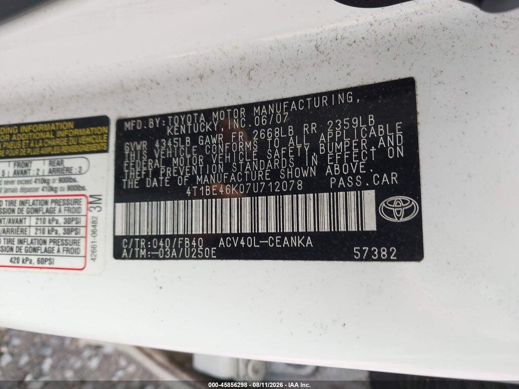 4T1BE46K07U712078 2007 TOYOTA CAMRY photo no. 9