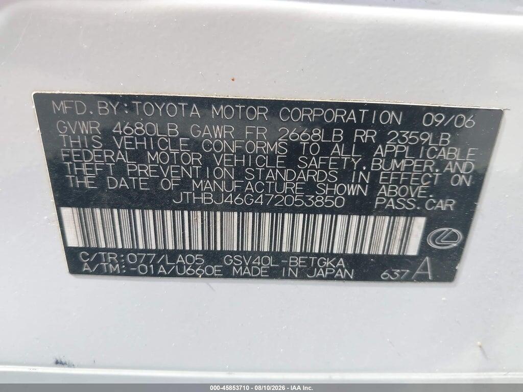 JTHBJ46G472053850 2007 LEXUS ES 350 photo no. 9