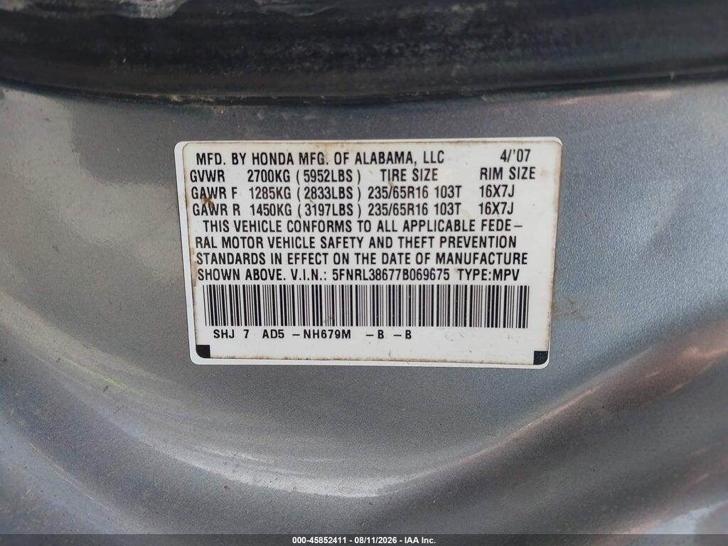 5FNRL38677B069675 2007 HONDA ODYSSEY photo no. 9